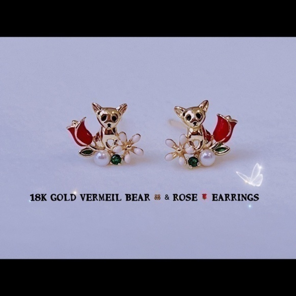 18K Gold Vermeil Bear 🐻 & Rose 🌹 Earrings